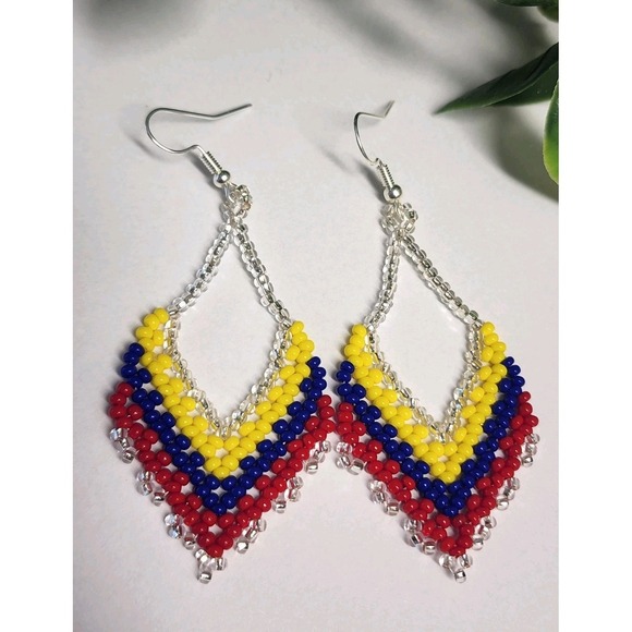 Dream Shop Jewelry - Handmade Seed Bead Earrings Colombia Flag Colors Boho Dangle Teardrop Jewelry